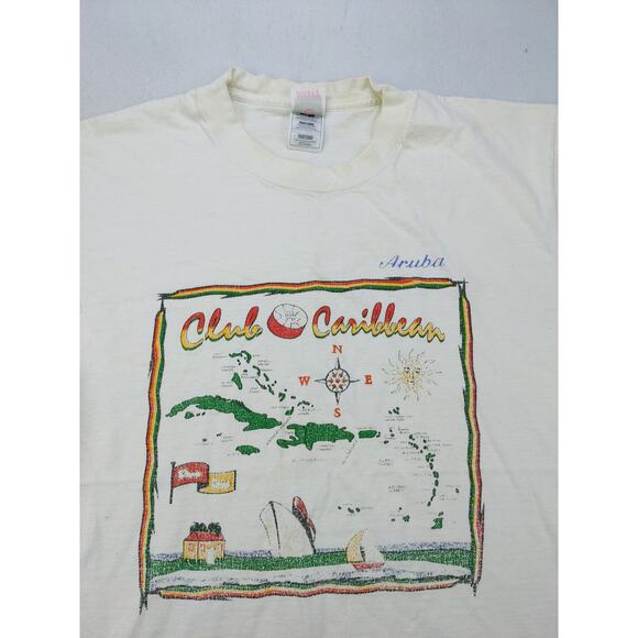 Vintage Aruba Club Caribbean T Shirt Size L Fruit of the Loom Made in USA White - Picture 5 of 11